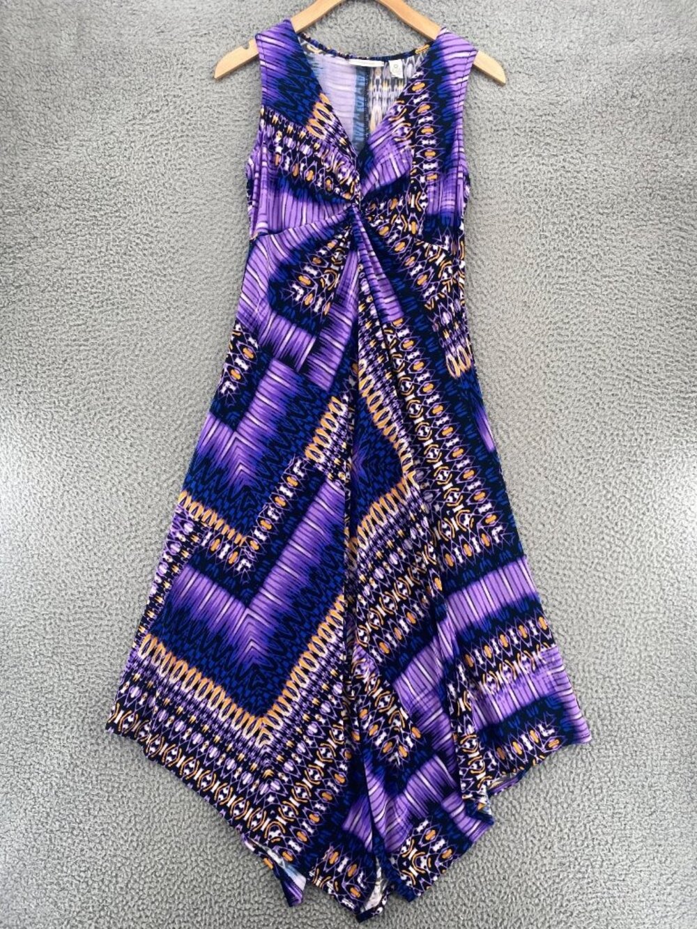 Chicos Dress Womens 0 US 4 Purple Multi V Neck Sleeveless Midi Handkerchief Hem